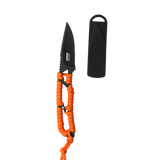 Spika PackLite fixed blade neck knife with black blade, orange paracord-wrapped handle and sheath