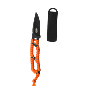 Spika PackLite fixed blade neck knife with black blade, orange paracord-wrapped handle and sheath