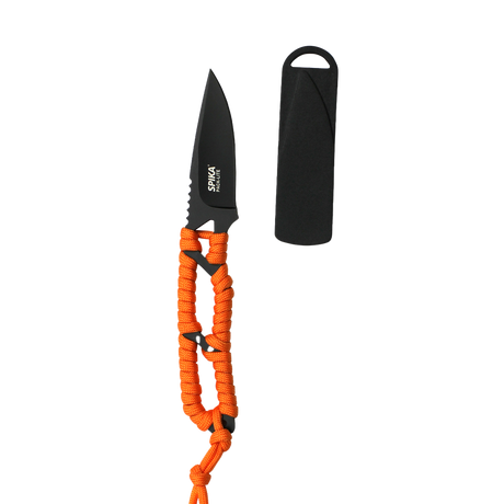 Spika PackLite fixed blade neck knife with black blade, orange paracord-wrapped handle and sheath