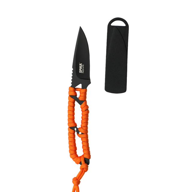 Spika PackLite fixed blade neck knife with black blade, orange paracord-wrapped handle and sheath