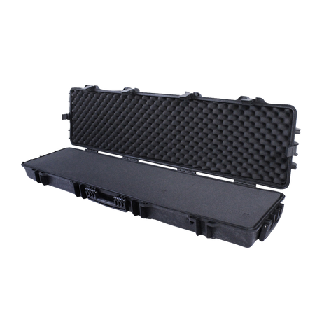 Spika double firearm case in black plastic, open showing egg-crate foam interior