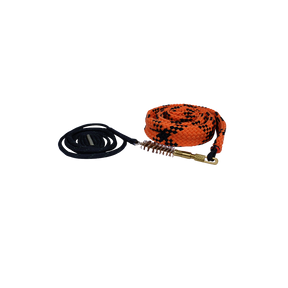Spika barrel pull through bore cleaner in orange and black with bronze brush and weighted cord