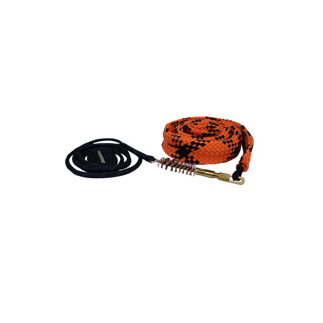 Spika barrel pull through bore cleaner in orange and black with bronze brush and weighted cord