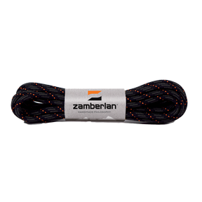 Zamberlan round boot laces, dark flecked with orange, coiled in Zamberlan branded band