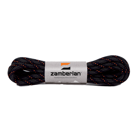 Zamberlan round boot laces, dark flecked with orange, coiled in Zamberlan branded band