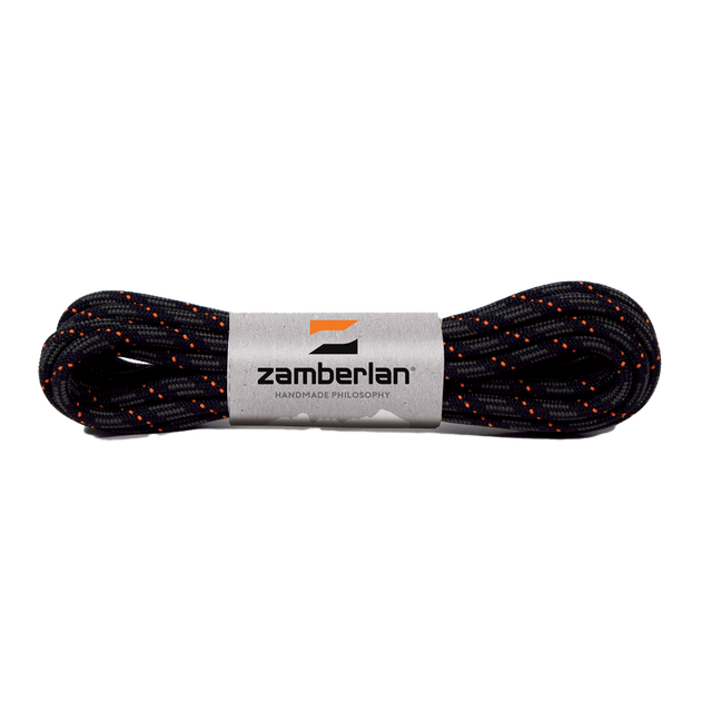 Zamberlan round boot laces, dark flecked with orange, coiled in Zamberlan branded band