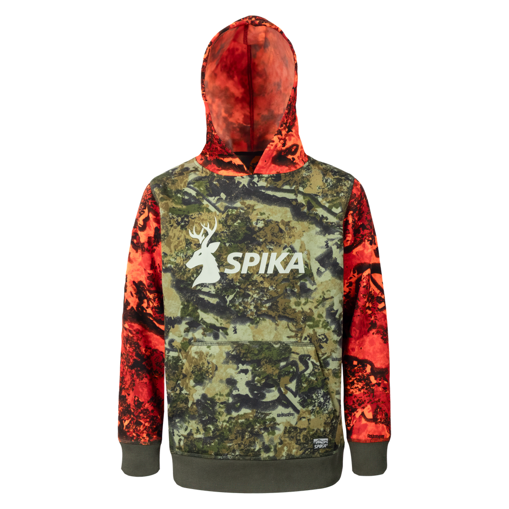 Spika GO Classic V2 kids' hoodie in Biarri Blaze, front view with blaze sleeves and white SPIKA logo