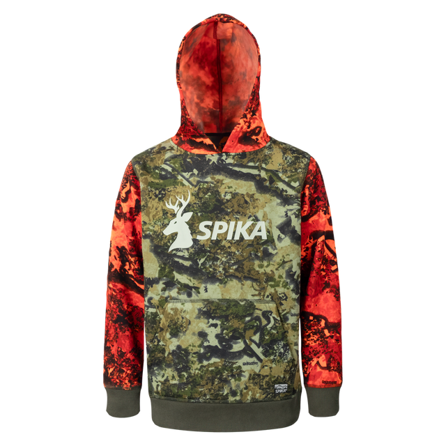 Spika GO Classic V2 kids' hoodie in Biarri Blaze, front view with blaze sleeves and white SPIKA logo