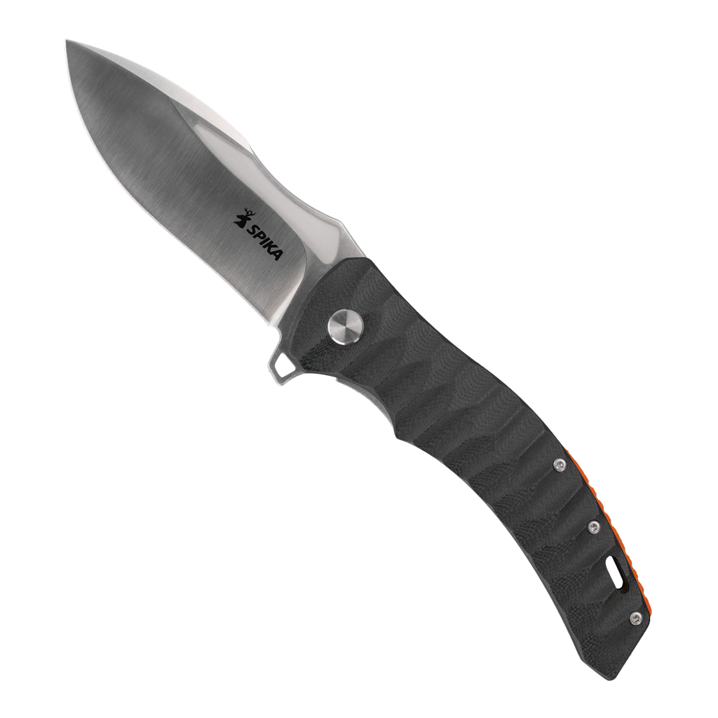 Spika Bushmaster Viper folding knife opened, black textured handle with Spika logo on the blade