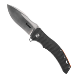 Spika Bushmaster Viper folding knife opened, black textured handle with Spika logo on the blade