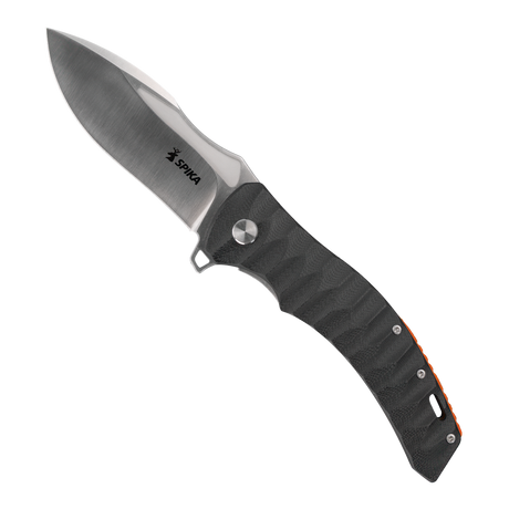 Spika Bushmaster Viper folding knife opened, black textured handle with Spika logo on the blade