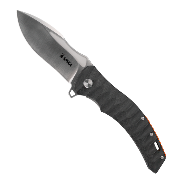 Spika Bushmaster Viper folding knife opened, black textured handle with Spika logo on the blade