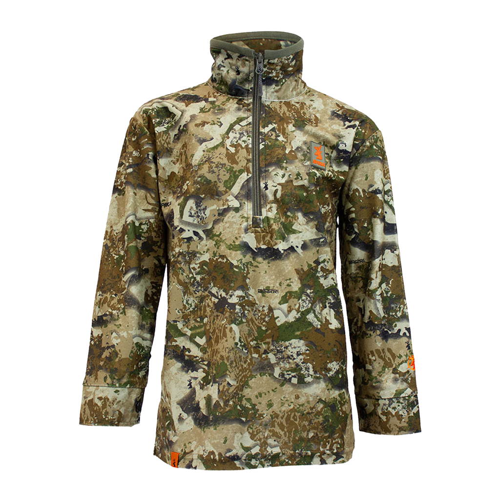 Spika Tracker kids' long sleeve half-zip hunting shirt in Biarri Camo, front view
