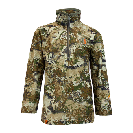 Spika Tracker kids' long sleeve half-zip hunting shirt in Biarri Camo, front view