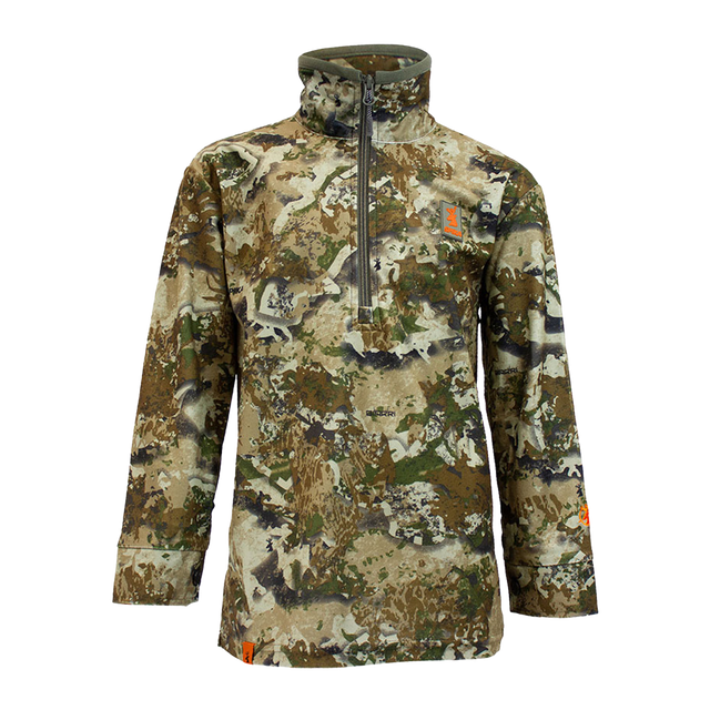 Spika Tracker kids' long sleeve half-zip hunting shirt in Biarri Camo, front view