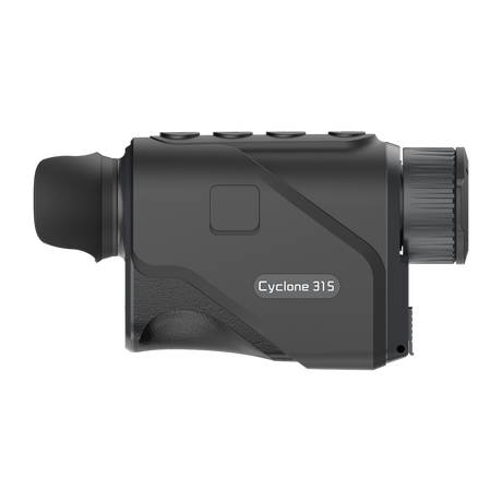 ThermTec Cyclone 315 thermal monocular in dark grey, side profile with Cyclone 315 model label