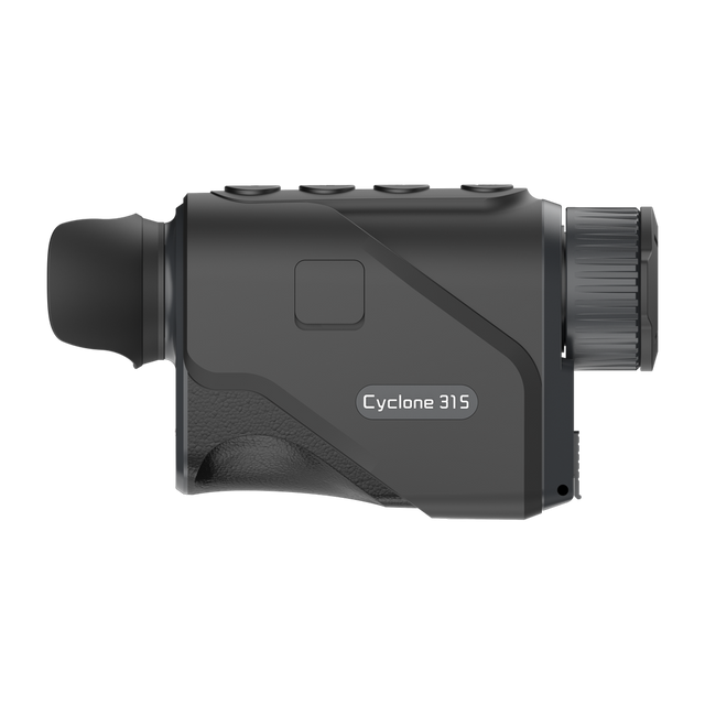 ThermTec Cyclone 315 thermal monocular in dark grey, side profile with Cyclone 315 model label