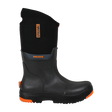 Spika Bruzer men's gumboot in black with neoprene upper, orange Spika tag and orange sole, side view