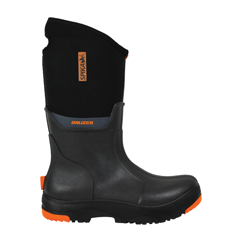 Spika Bruzer men's gumboot in black with neoprene upper, orange Spika tag and orange sole, side view