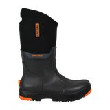 Spika Bruzer men's gumboot in black with neoprene upper, orange Spika tag and orange sole, side view