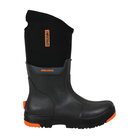 Spika Bruzer men's gumboot in black with neoprene upper, orange Spika tag and orange sole, side view