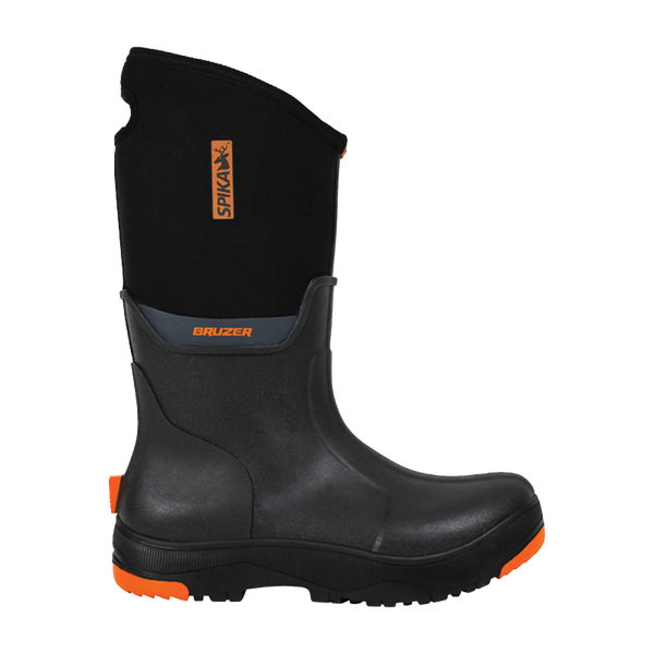Spika Bruzer men's gumboot in black with neoprene upper, orange Spika tag and orange sole, side view