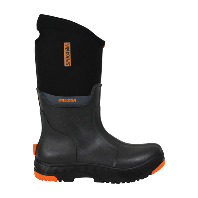 Spika Bruzer men's gumboot in black with neoprene upper, orange Spika tag and orange sole, side view