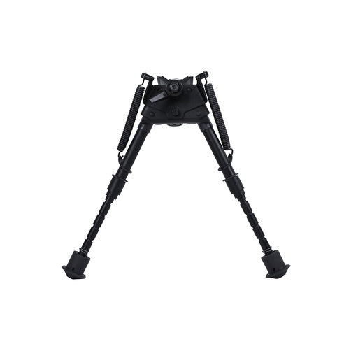 Spika swivel bipod shooting rest in black with spring-loaded extendable legs, front view