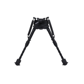 Spika swivel bipod shooting rest in black with spring-loaded extendable legs, front view