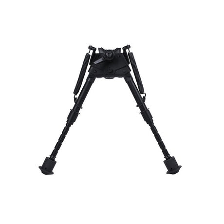 Spika swivel bipod shooting rest in black with spring-loaded extendable legs, front view