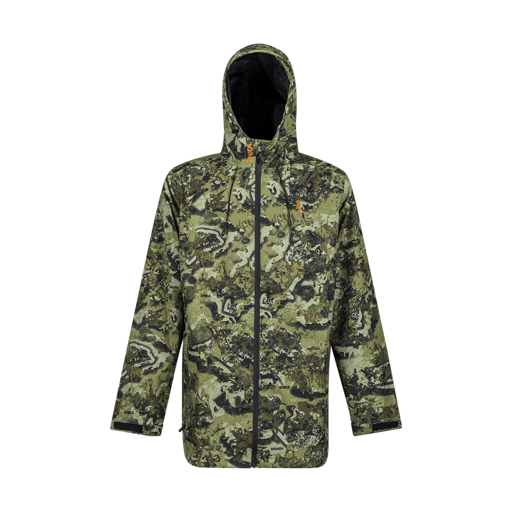 Spika Scout men's waterproof hooded hunting jacket in Biarri Camo, front view with full zip