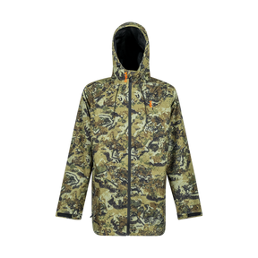 Spika Scout men's waterproof hooded hunting jacket in Biarri Camo, front view with full zip