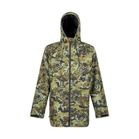 Spika Scout men's waterproof hooded hunting jacket in Biarri Camo, front view with full zip