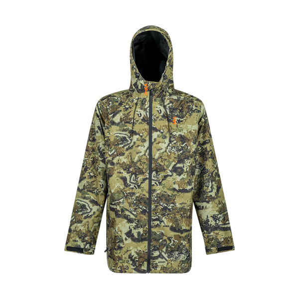 Spika Scout men's waterproof hooded hunting jacket in Biarri Camo, front view with full zip