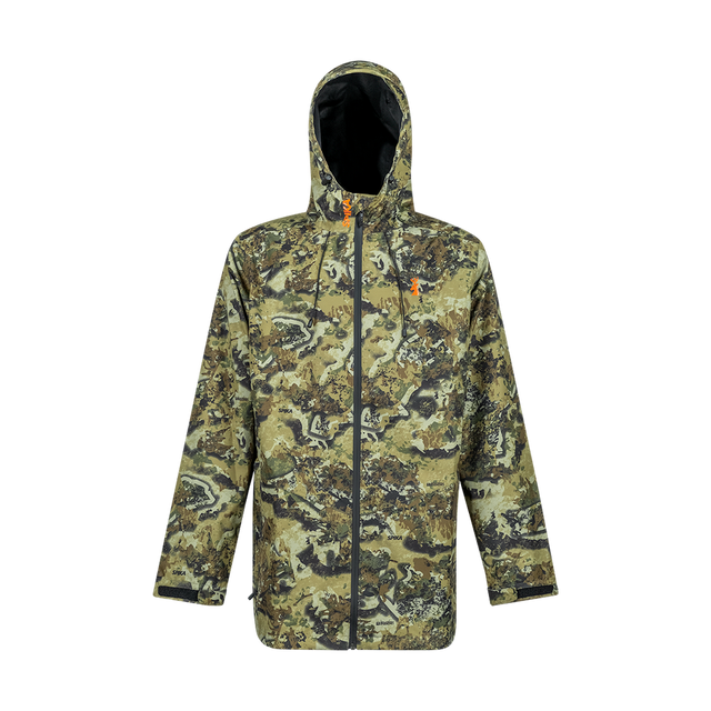 Spika Scout men's waterproof hooded hunting jacket in Biarri Camo, front view with full zip