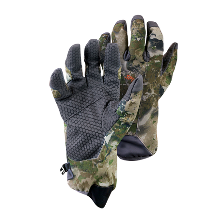 Spika Revolution men's hunting gloves in Biarri Camo, pair showing grippy palm and back of hand
