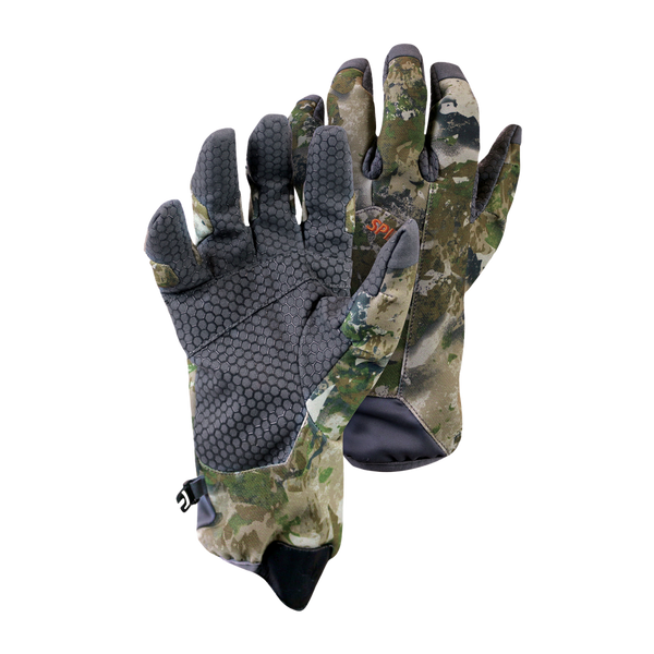 Spika Revolution men's hunting gloves in Biarri Camo, pair showing grippy palm and back of hand