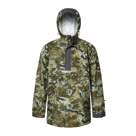 Spika Buckland men's waterproof hunting smock in Biarri Camo with hood up and half zip, front view