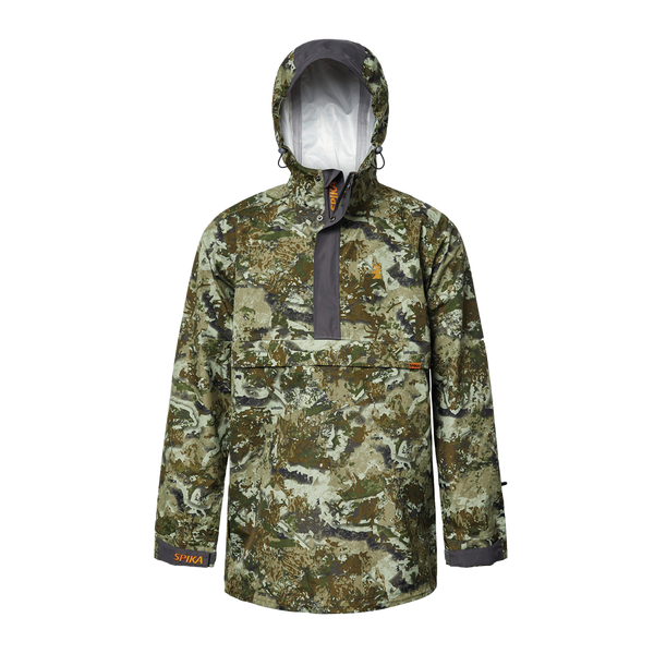 Spika Buckland men's waterproof hunting smock in Biarri Camo with hood up and half zip, front view