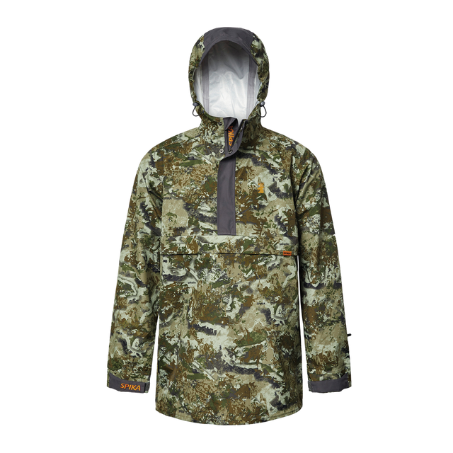Spika Buckland men's waterproof hunting smock in Biarri Camo with hood up and half zip, front view