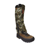 Spika Ranger adult hunting gaiter in Biarri Camo fitted over a brown hiking boot, side view