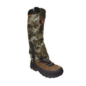 Spika Ranger adult hunting gaiter in Biarri Camo fitted over a brown hiking boot, side view