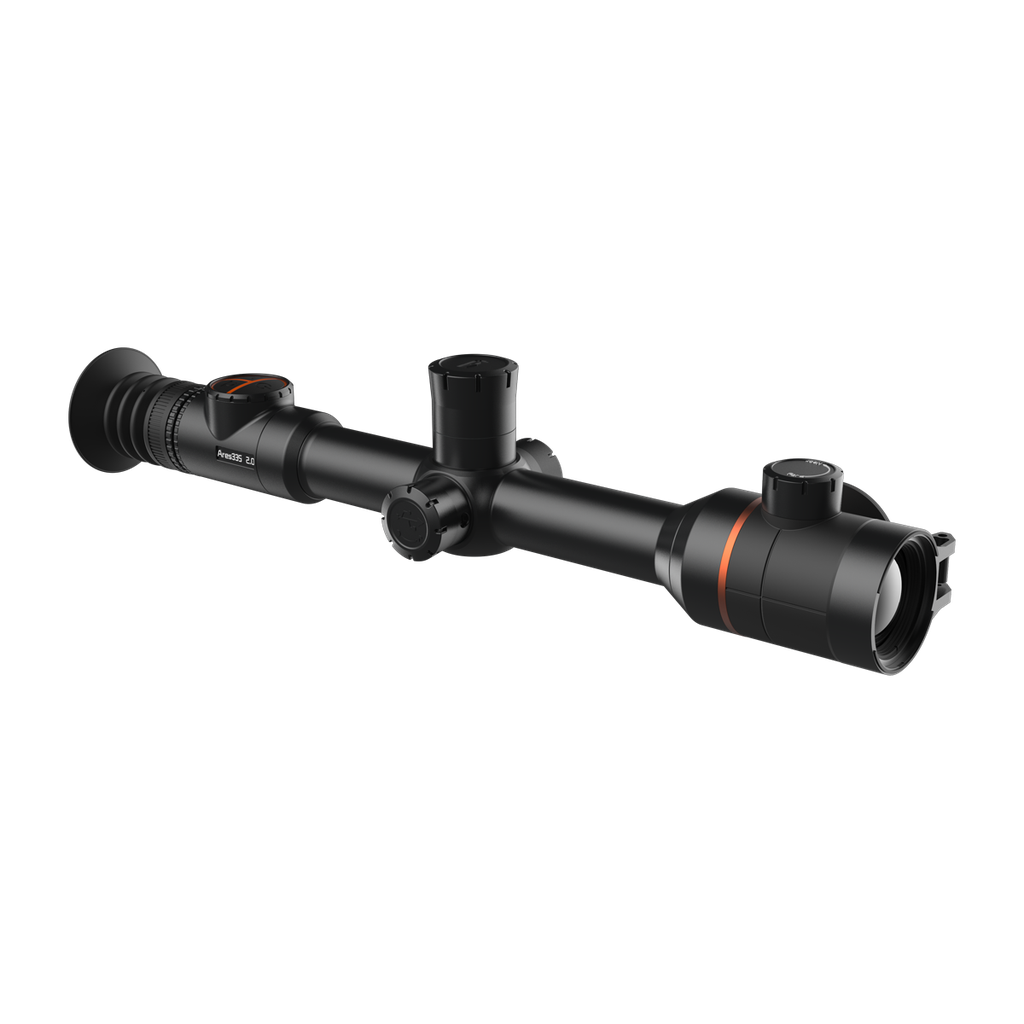 ThermTec Ares 335 2.0 thermal tube scope in black, three-quarter front view showing objective lens