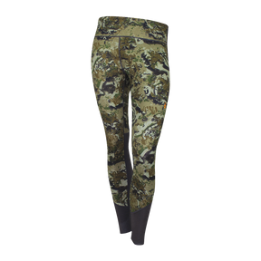 Spika Echo women's activewear leggings in Biarri Camo with charcoal lower panels, front view