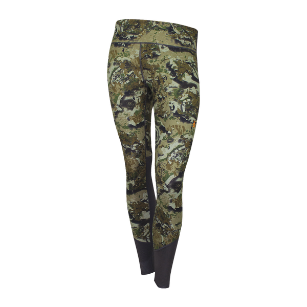 Spika Echo women's activewear leggings in Biarri Camo with charcoal lower panels, front view