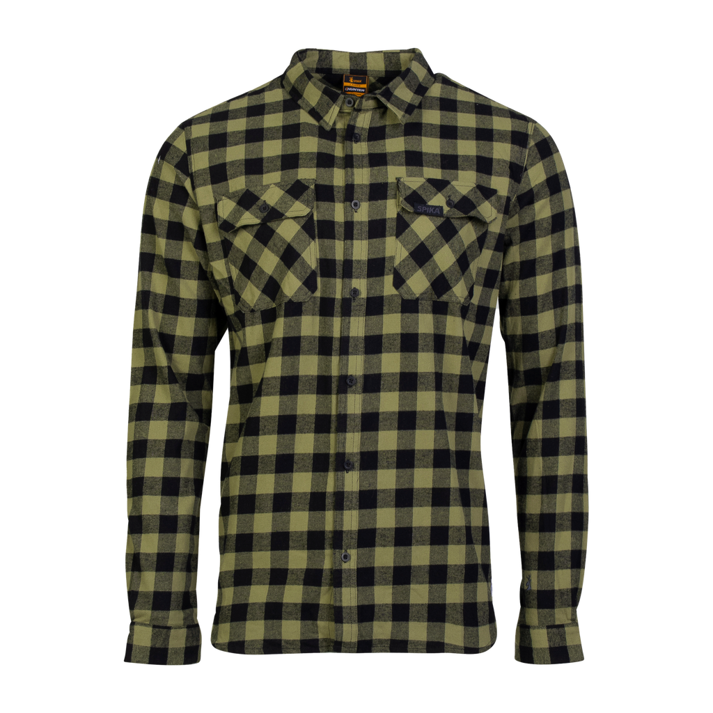 Spika men's flannel check shirt in Moss Green and black buffalo check with flap chest pockets, front