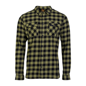 Spika men's flannel check shirt in Moss Green and black buffalo check with flap chest pockets, front