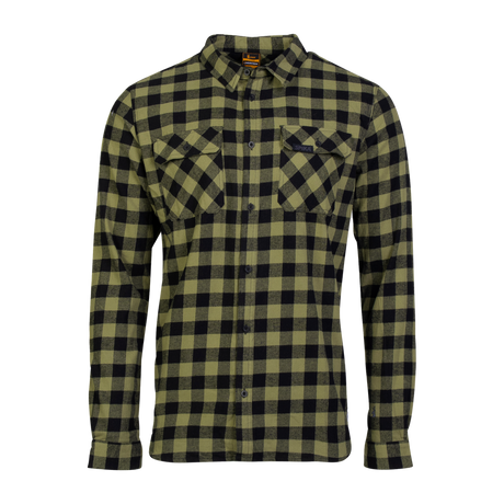 Spika men's flannel check shirt in Moss Green and black buffalo check with flap chest pockets, front