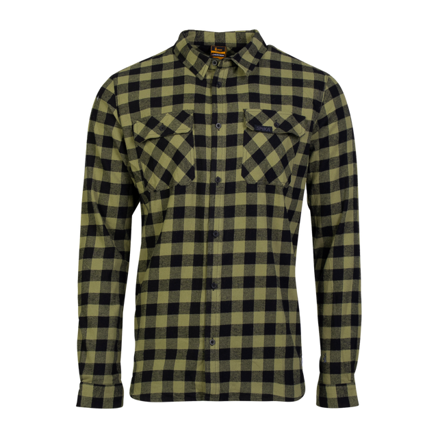 Spika men's flannel check shirt in Moss Green and black buffalo check with flap chest pockets, front