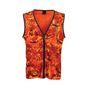 Spika Ranger adult hunting vest in Biarri Blaze orange camo, front view with full-length zip